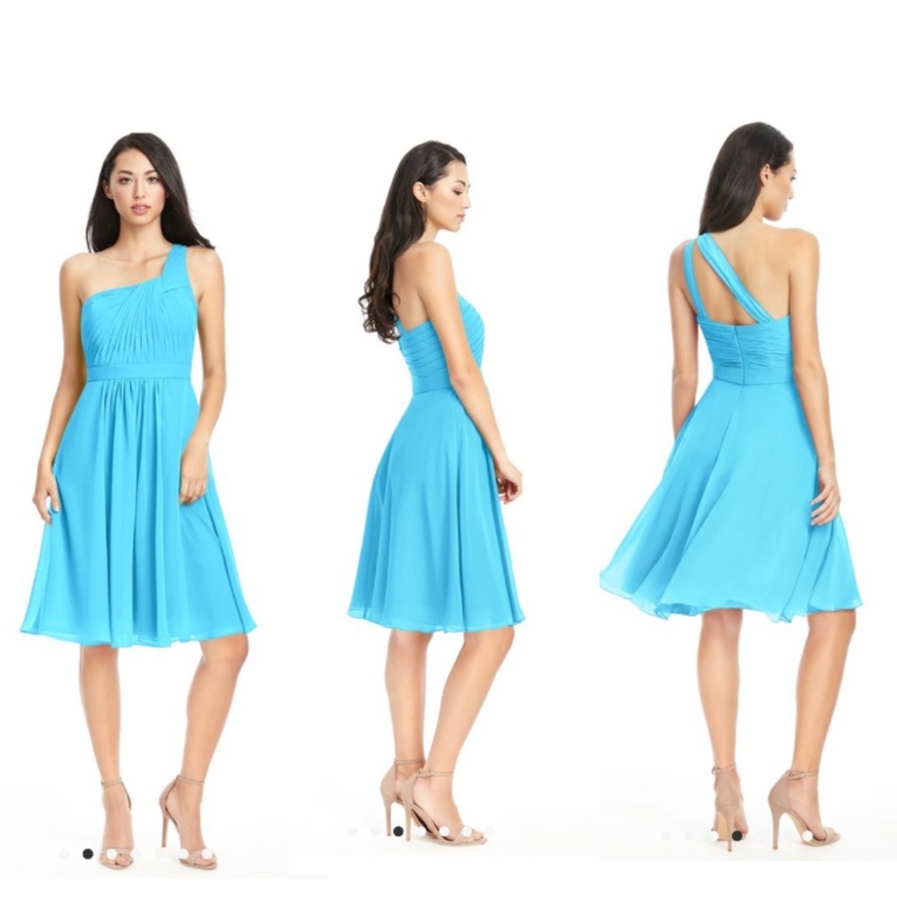 Azazie camellia blue pool bridemaid a line dress
